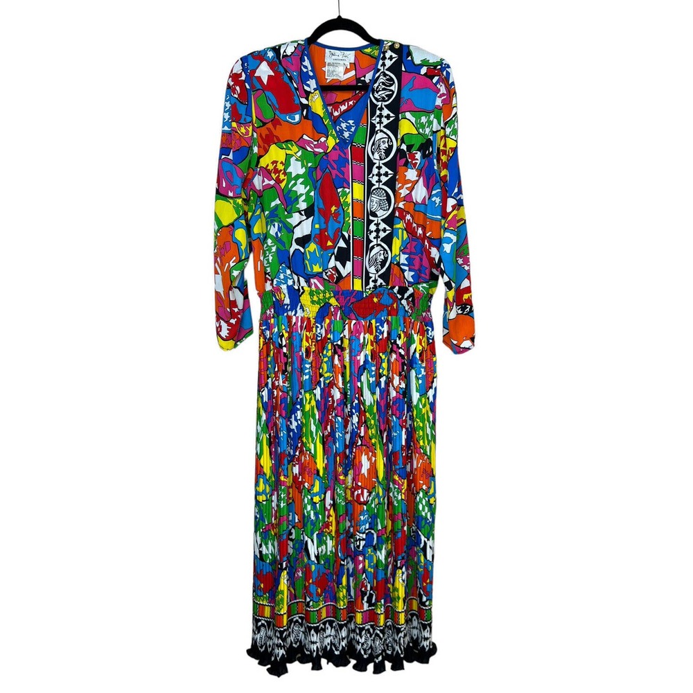 Vintage Diane Freis Colorful Pleated Dress 1X Midi Art to Wear Long Sleeve 80s